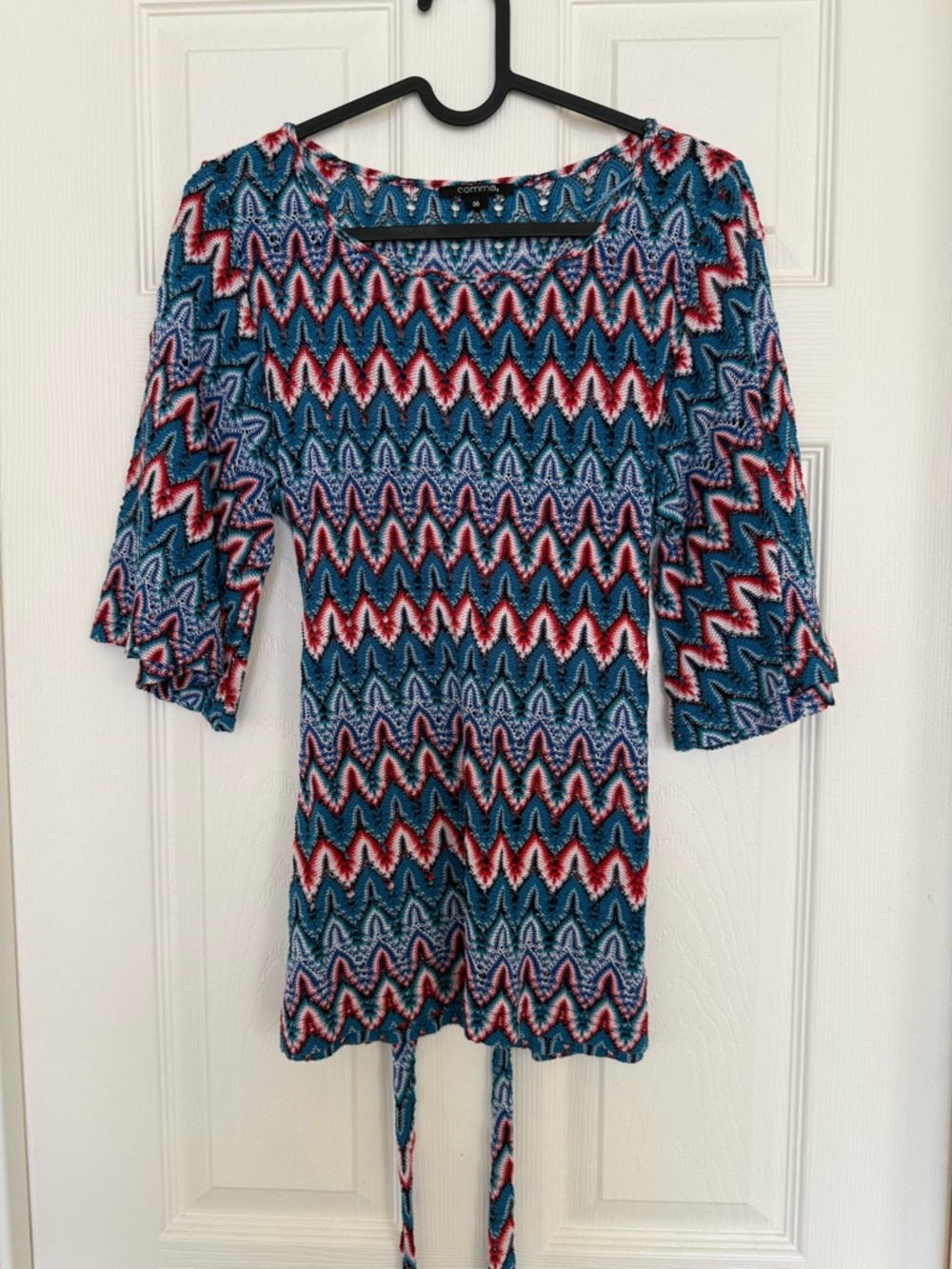 Printed Scoop Neck Blouse in Teal and Red - Casual Women's Top